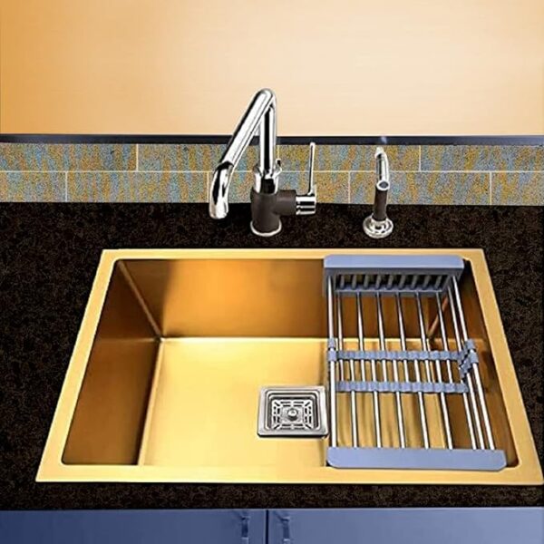 SINKKART Nanocoated 304 Grade Stainless Steel Modular Kitchen Sink With Square Waste Coupling, PVC Waste Pipe and Metal Fruit Basket – Gold Matte Satin Finish (24x18x10 Inch)